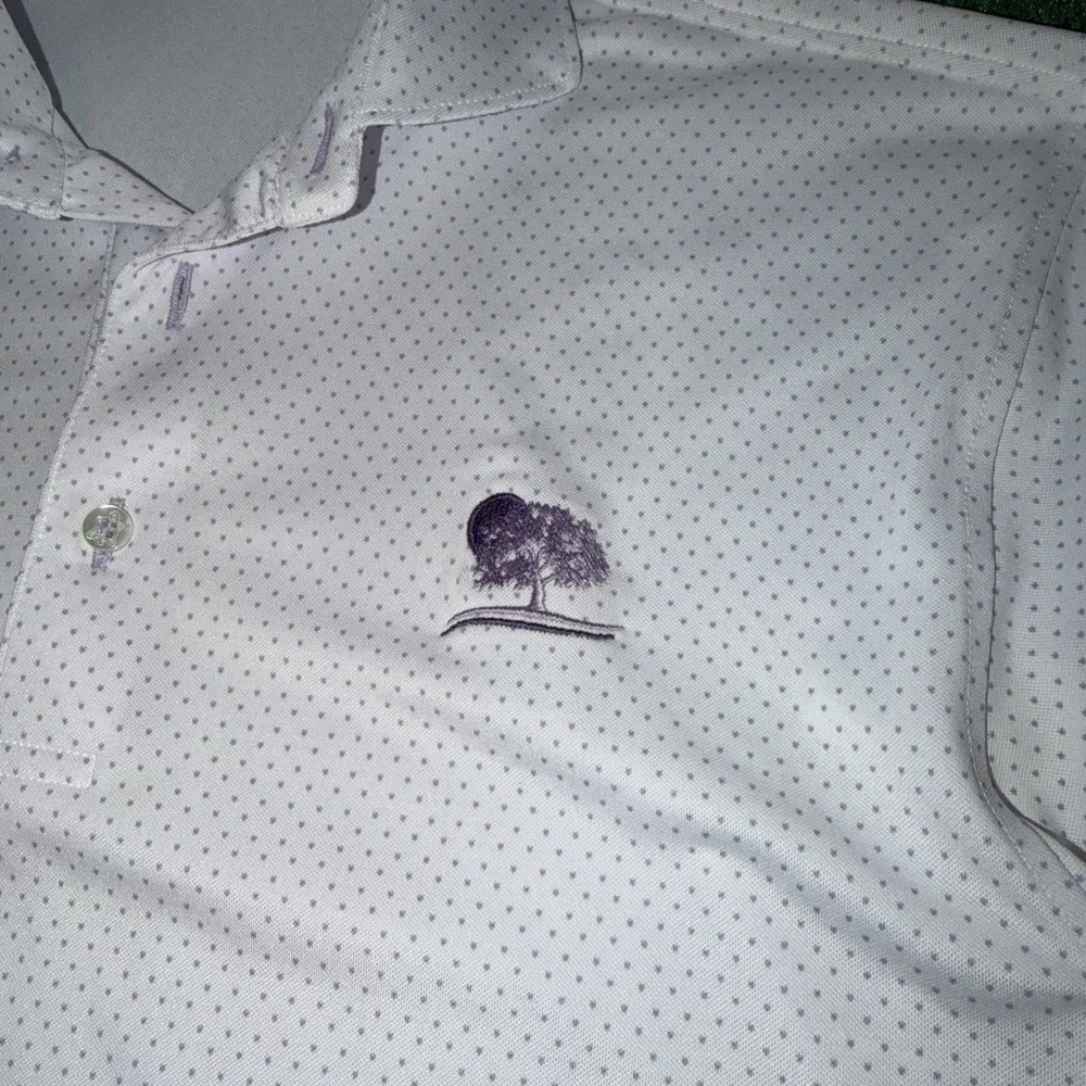 Turtleson Polo Shirt Men's Size Small White Purple Dots Tree Logo